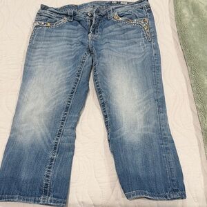 Miss Me Light Wash Blue Cropped Jeans with Rhinestone Pocket Accents